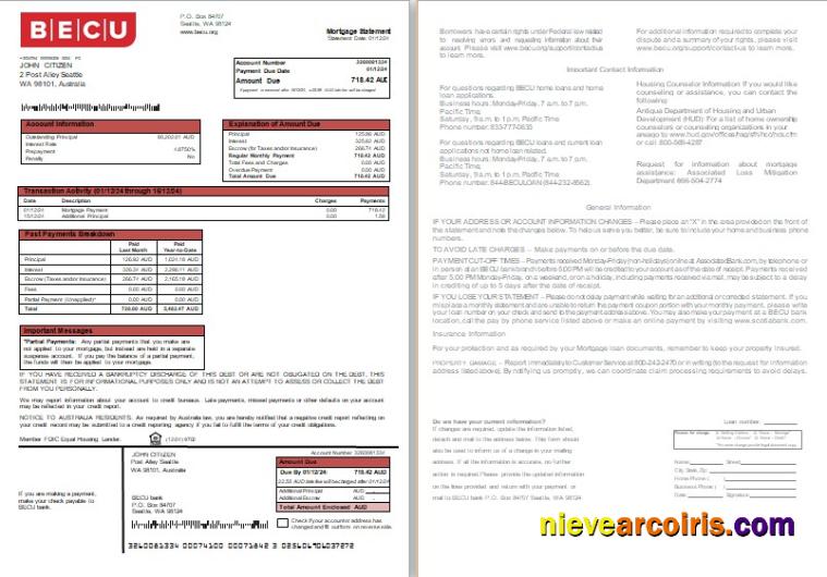 Australia BECU bank mortgage statement, 2 pages, 1-2 